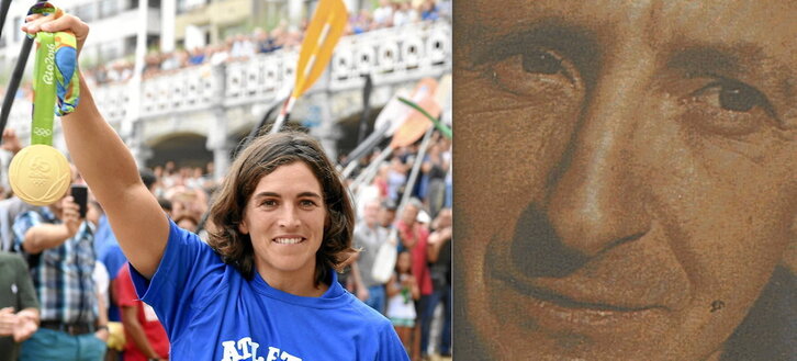 Maialen Chourraut muestra el oro olímpico en su recibimiento en Donostia y retrato de Apellaniz.