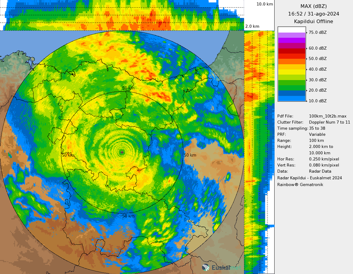 El epicentro de la tormenta, desplazándose del interior hacia la costa.