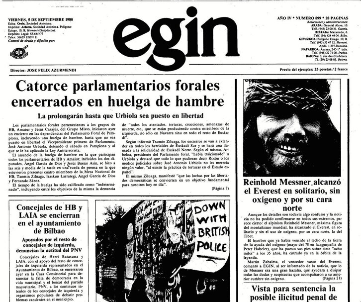 Ezkerrean, «Egin» egunkariaren azalean argitaraturiko argazkia eta lerroburua. Eta eskuinean, balentriari buruz argitaraturiko albistea.