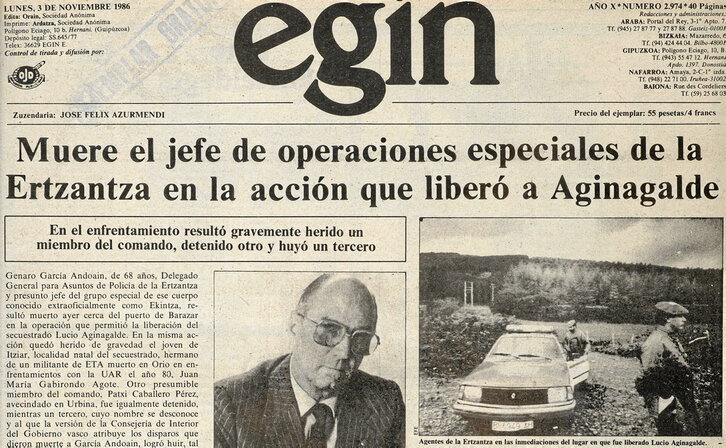 Portada de «Egin» al día siguiente de la muerte de Genaro García Andoain