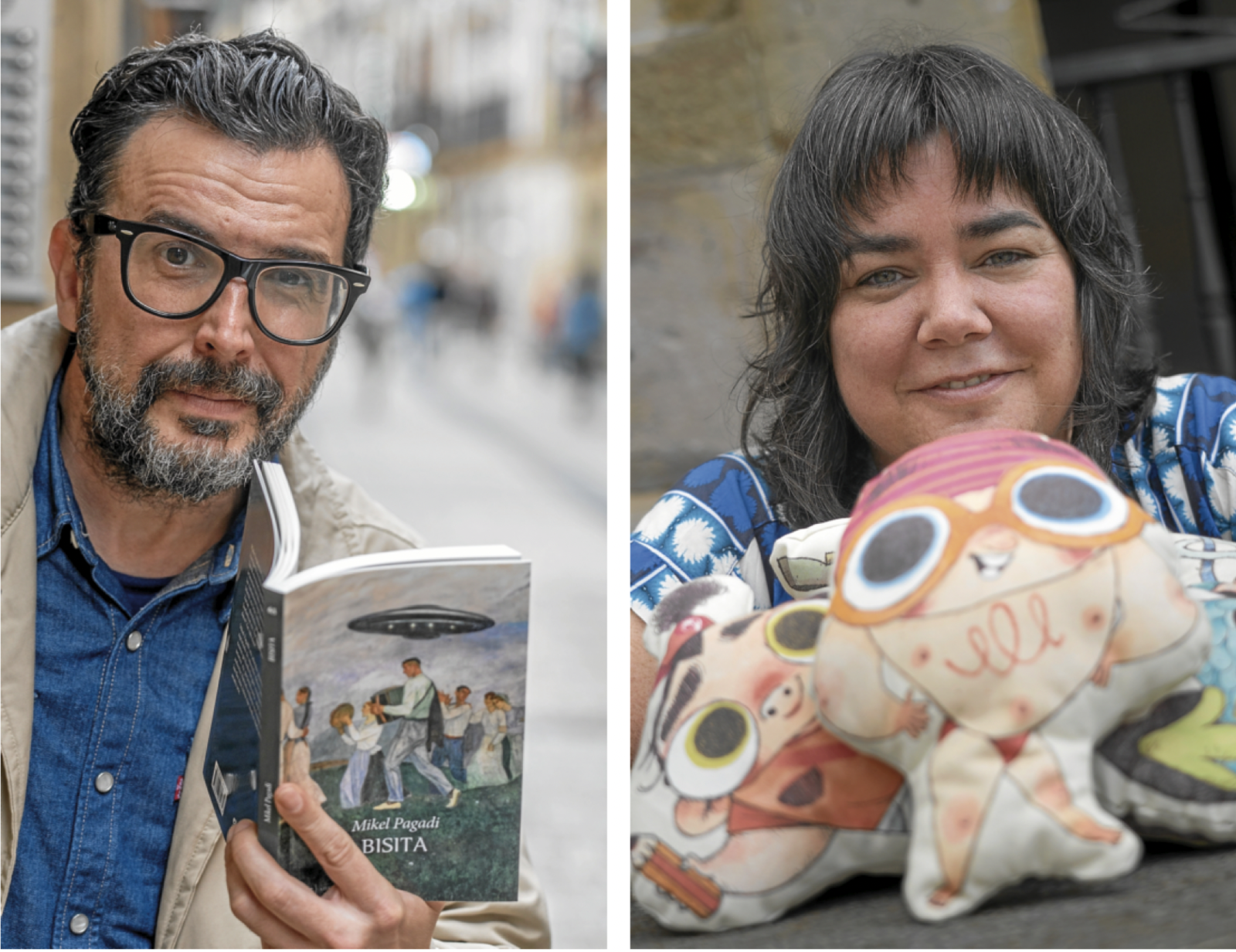 Mikel Pagadi, bere lehen nobelarekin, eta Eider Eibar ilustratzailea, bere pertsonaiekin. Andoni Canellada, Monika del Valle | FOKU