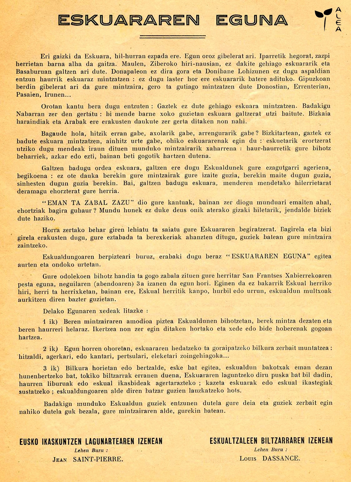 Euskararen Eguneko 1949ko agiria. (OLASO DORREA FUNDAZIOA) Euskararen Eguneko 1949ko agiria. (OLASO DORREA FUNDAZIOA)