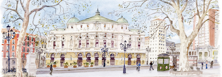 Acuarela del teatro Arriaga, obra de Elena Ciordia.