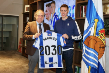 Jokin Aperribay y Jon Pacheco posan en las oficinas del club.