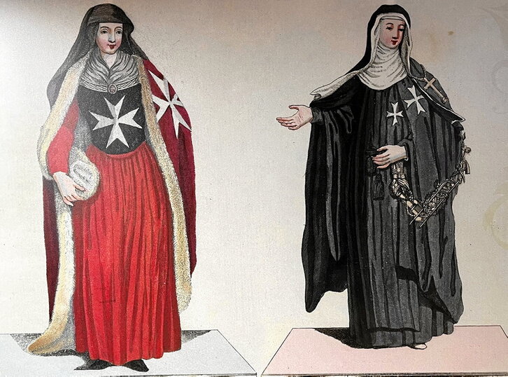 Imagen de época de caballeros medievales. En la página siguiente, mujeres de la Orden del Hospital, estado actual de la encomienda del Hospital en Zizur Txikia y Aberin, sede del Temple en Nafarroa.