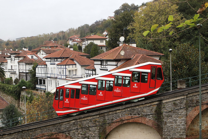 Vagón de funicular de Artxanda descendiendo junto a Ciudad Jardín.