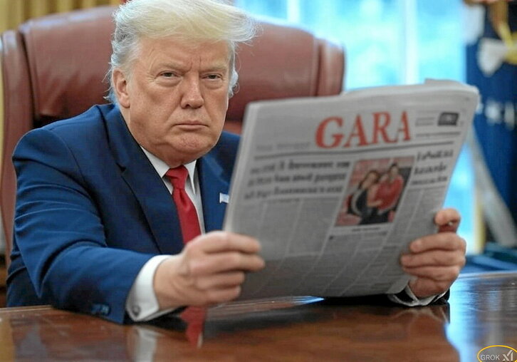 Trump Bulego Obalean, GARAren ale berezi bat irakurtzen, Grok tresnarekin sortutako irudi batean. Azpian, eskuinean, nabarmenduta, ur-marka.