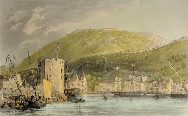 Pasaia, con el fuerte John Hay dominando la localidad desde lo alto. (Thomas HORNBROOK/MUSEO ZUMALAKARREGI)