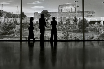 Ixone Sádaba (derecha) explica su trabajo, proyectado a tamaño real. 