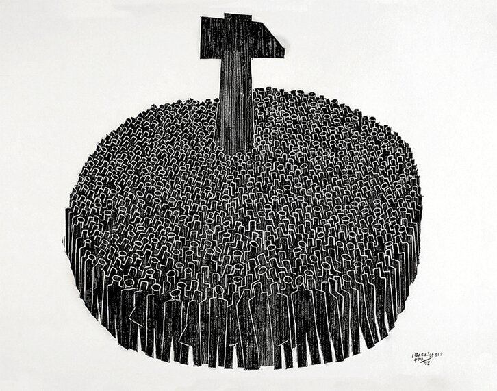 «Sin título. Xilografía estampada a una tinta sobre papel», de Agustín Ibarrola, incluida en la exposición «Grabados», que se puede ver en la galería bilbaina Juan Manuel Lumbreras.