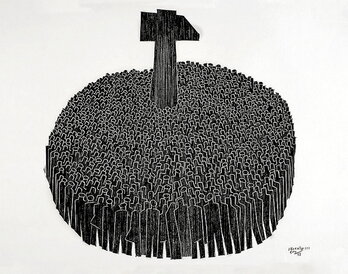 «Sin título. Xilografía estampada a una tinta sobre papel», de Agustín Ibarrola, incluida en la exposición «Grabados», que se puede ver en la galería bilbaina Juan Manuel Lumbreras.