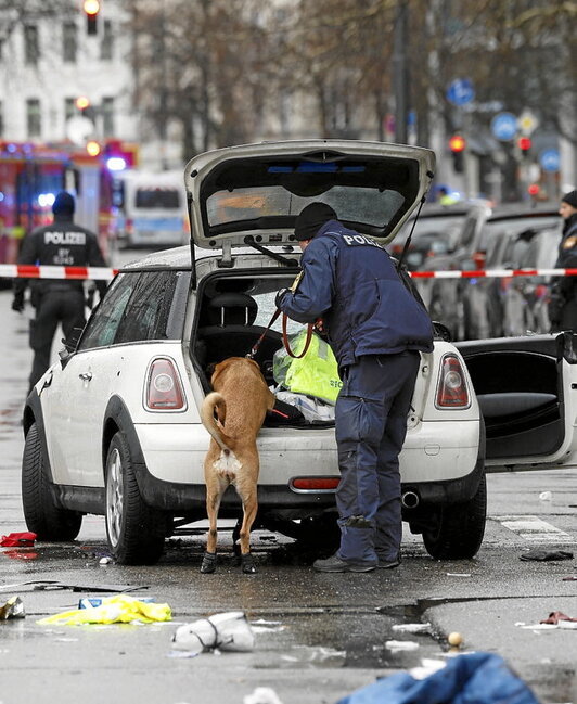 Un policía y su perro inspeccionan el vehículo.