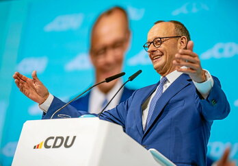 Friedrich Merz, líder de la CDU y candidato a la Cancillería, en un acto de campaña.