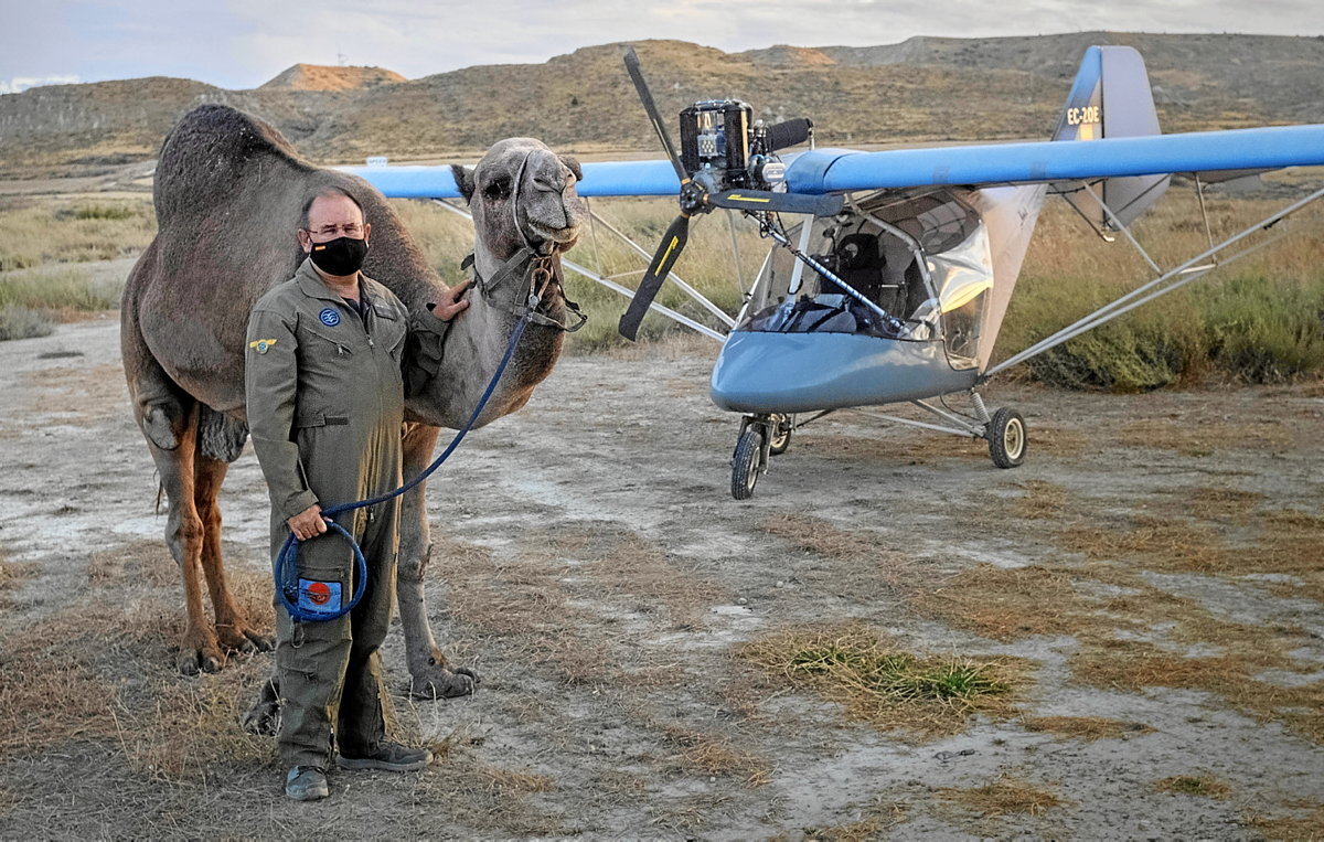 José Manuel, con el dromedario marroquí Tempranillo, en Tardienta (Huesca).