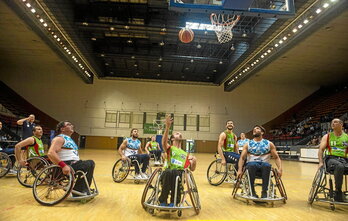 Euskal Taldea lors d’un match de championnat de basket fauteuil organisé salle Lauga à Bayonne. (Archive)