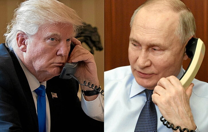 Combo de imágenes de archivo de Vladimir Putin y Donald Trump hablando por teléfono.