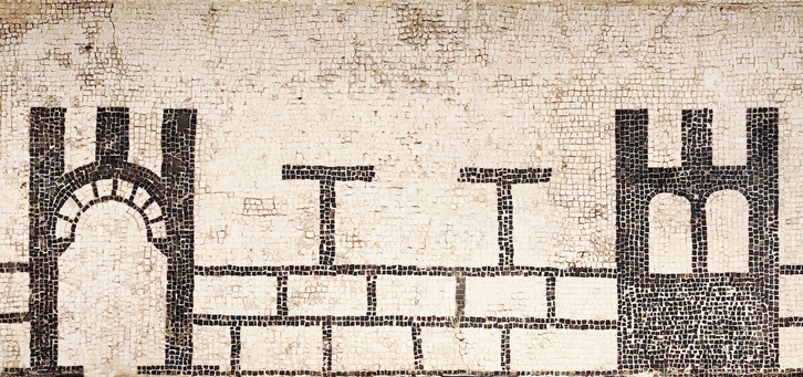 Mosaico encontrado en Iruñea que posiblemente recrea las murallas de Pompelo.