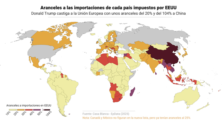 Mapa con los aranceles impuestos por EEUU a cada país.