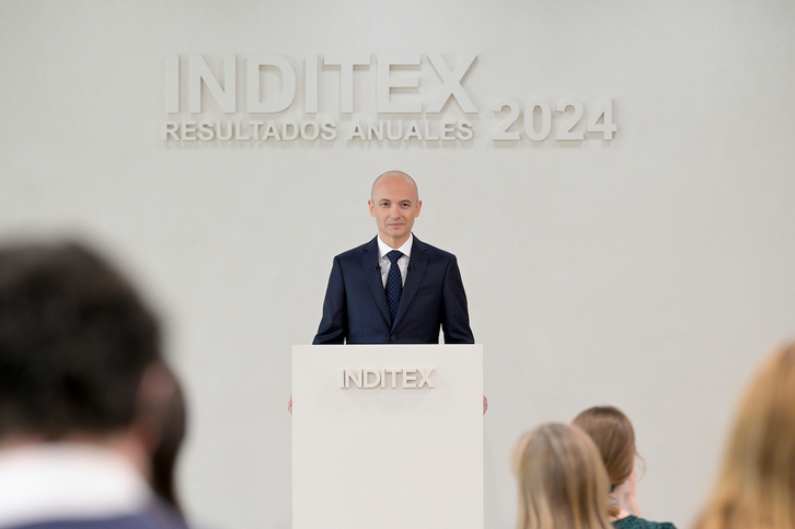 Inditex es una de las empresas especializadas en estas prácticas elusivas, según Alvarez Barba. En la imagen, El consejero delegado de Inditex, Óscar García Maceiras, interviene durante la presentación de sus resultados de 2024 en el Estado español.