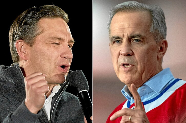 Pierre Poilievre kontserbadorea eta Mark Carney liberala, aurrez aurre.