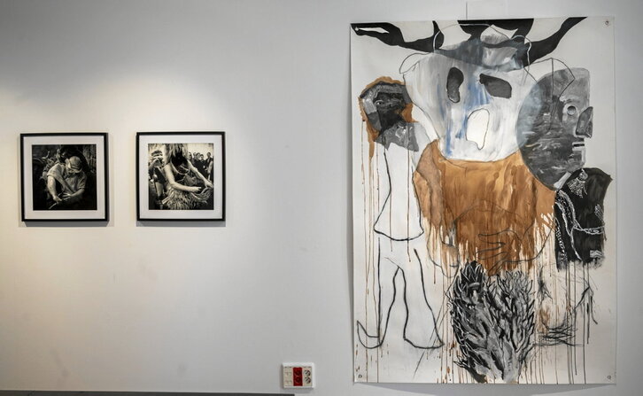 Eliane Hegiaphaleren agazkiak eta Gonzalo Etxebarriaren margoak, elkarri hizketan, Arteztu galerian.