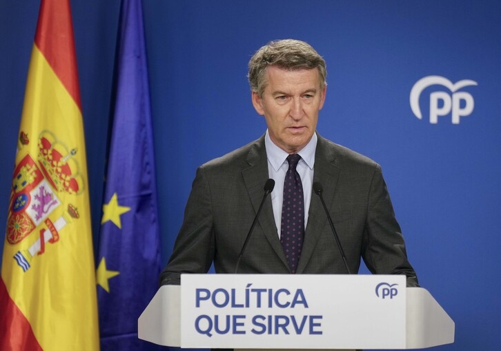 Rueda de prensa de Feijóo, este jueves en Madrid.