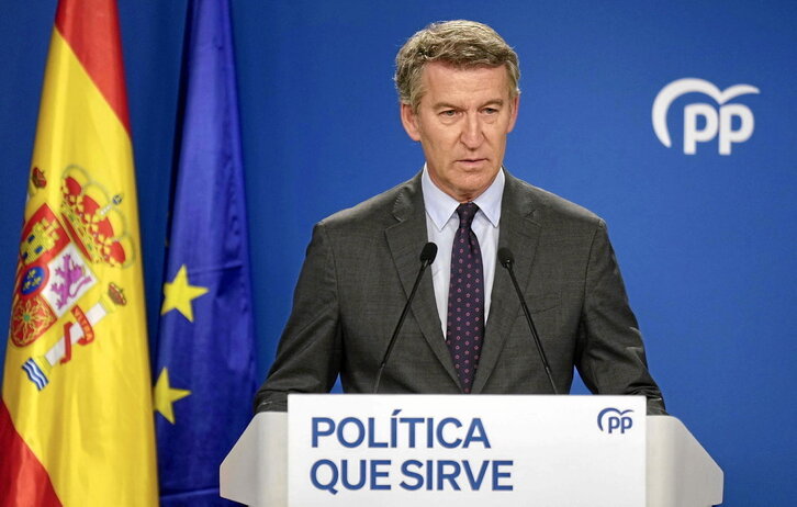 Un momento de la rueda de prensa de Núñez Feijóo, ayer en Madrid.