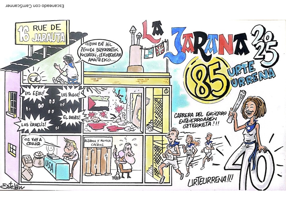 La Jarana recuerda su 85 aniversario y el 40 del cros del encierro con el edificio del 16 rue de Jarauta, que tiene vecinos como Trump, Asirón o los masacrados palestinos. La Jarana recuerda su 85 aniversario y el 40 del cros del encierro con el edificio del 16 rue de Jarauta, que tiene vecinos como Trump, Asirón o los masacrados palestinos.