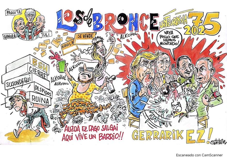 Los de Bronce celebran su 75 anivesario con una tela que homenajea a socios fallecidos y que recuerda los conflictos laborales, que Alde Zaharra es un barrio y que pide un mundo sin guerras. Los de Bronce celebran su 75 anivesario con una tela que homenajea a socios fallecidos y que recuerda los conflictos laborales, que Alde Zaharra es un barrio y que pide un mundo sin guerras.