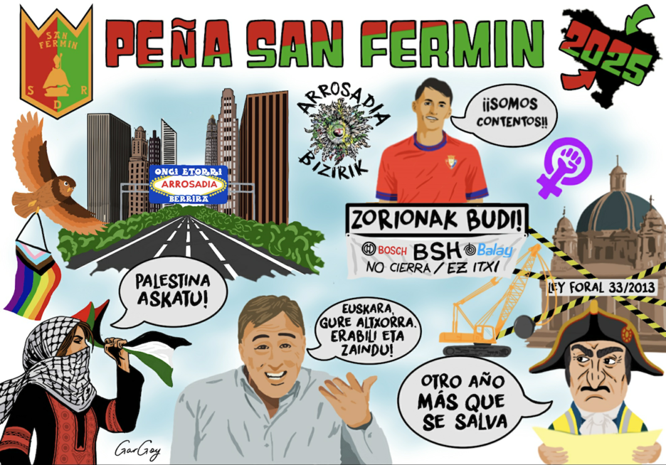 San Fermín reúne en su pancarta a Budimir, las luchas de BSH y palestina, a Asiron defendiendo el euskara y Caravinagre lamentando que Los Caídos se salven. San Fermín reúne en su pancarta a Budimir, las luchas de BSH y palestina, a Asiron defendiendo el euskara y Caravinagre lamentando que Los Caídos se salven.