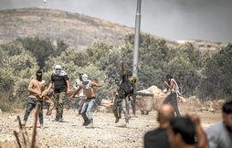 Colonos lanzan piedras contra residentes palestinos en Turmusaya, en uno de los pogromos de Cisjordania.