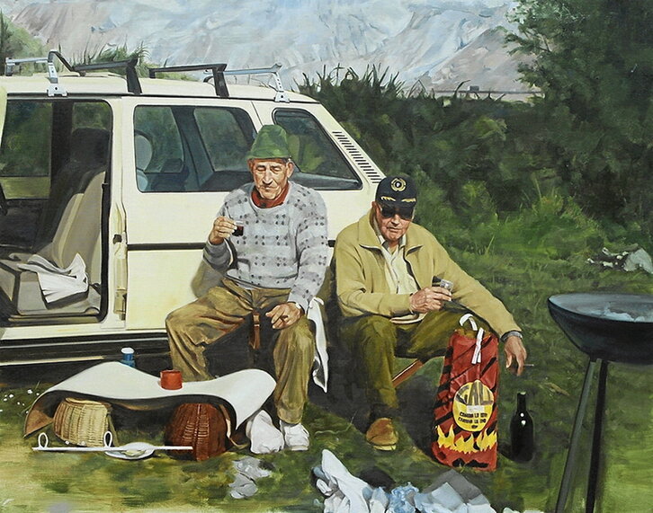 «El almuerzo campestre» (2014), óleo sobre lienzo (100 x 70 cm), realizado por Iván Chacón, que se expone en la Galería Juan Manuel Lumbreras.