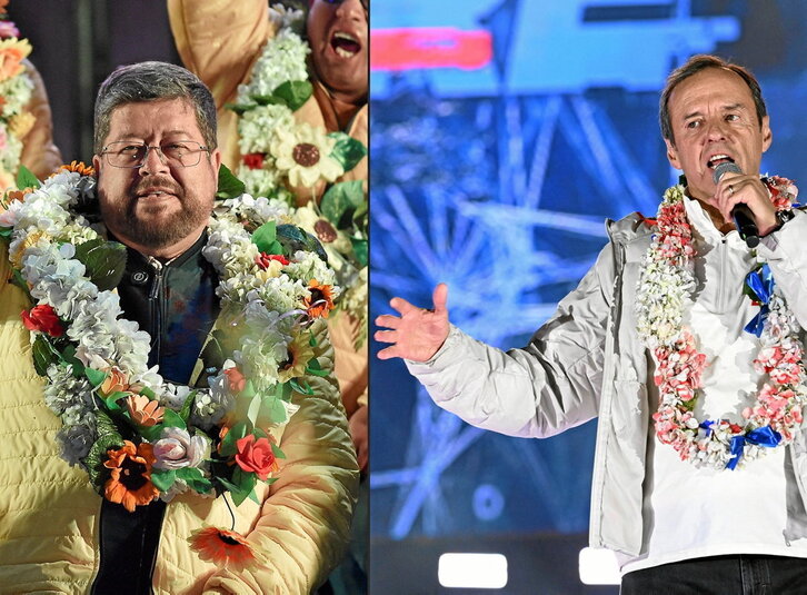 Combo de imágenes de dos de los candidatos a los que las encuestas dan como favoritos, Samuel Doria y Jorge «Tuto» Quiroga, en actos de campaña de sus respectivos partidos en La Paz.