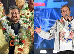 Combo de imágenes de dos de los candidatos a los que las encuestas dan como favoritos, Samuel Doria y Jorge «Tuto» Quiroga, en actos de campaña de sus respectivos partidos en La Paz.