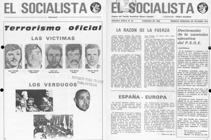 ‘El Socialista’, publicación oficial del PSOE, sobre Txiki y Otaegi en octubre de 1975.