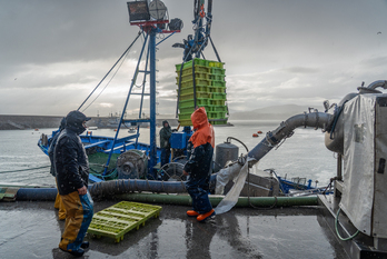 Un barco descarga su captura en el puerto de Hondarribia.
