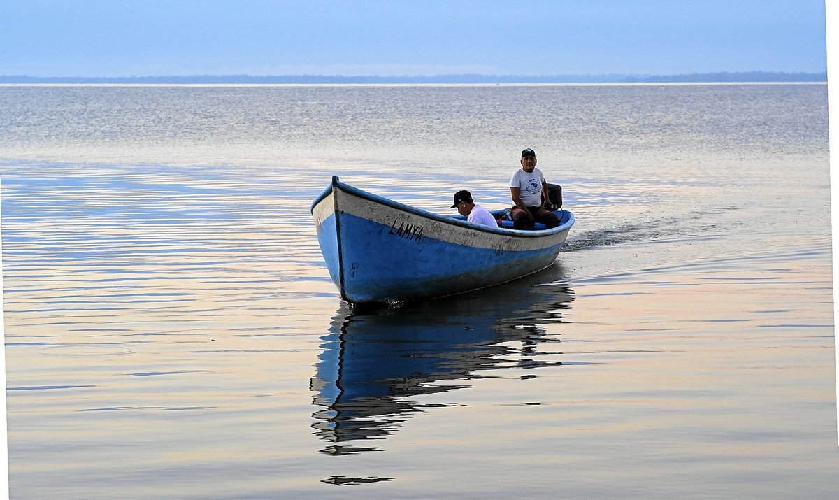 Cristóbal Pop dirige su lancha en el lago de Izabal. (Eddy Zeta | Prensa Comunitaria)