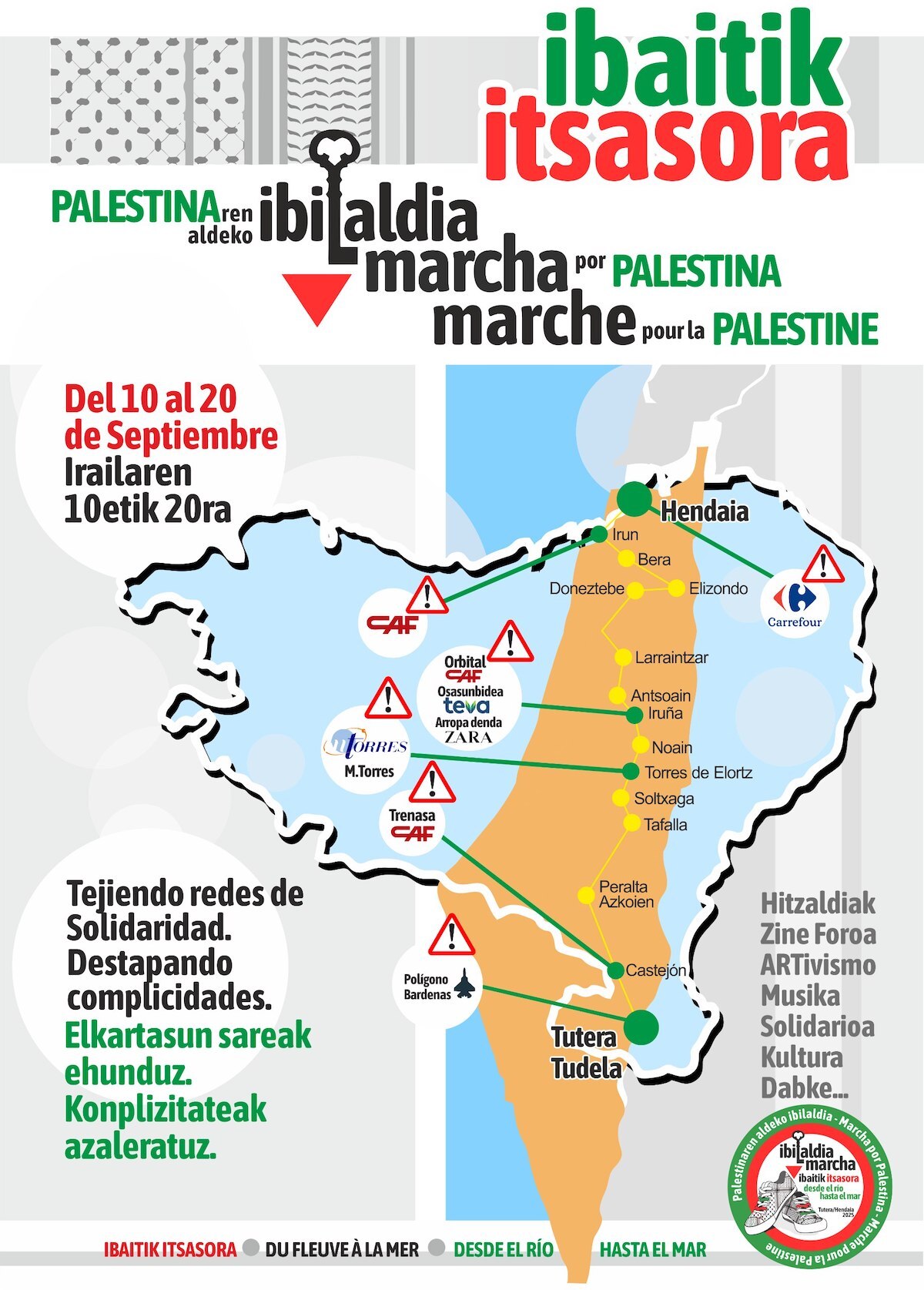 Ebro ibaia eta Kantauri itsasoa lotuko dituen martxaren ibilbidea. (PALESTINAREN ALDEKO IBILALDIA)