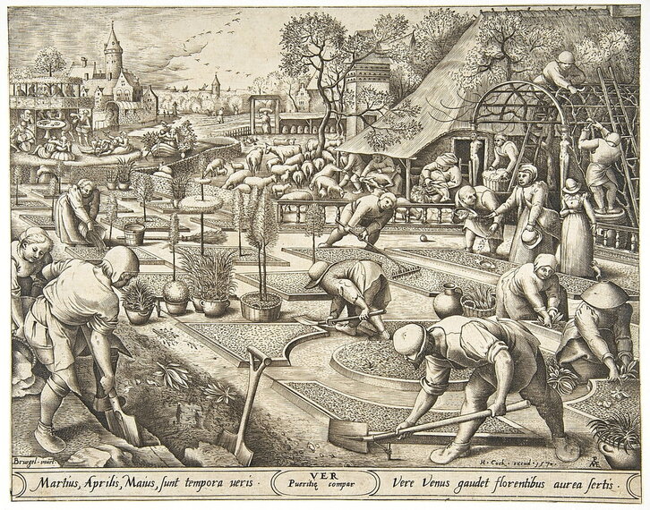 «Udaberria», 1570ean Pieter Bruegel Zaharrak grabatua, non pertsona gutxi batzuek baratzea lantzen agertzen diren.
