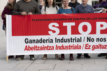 La Plataforma Navarra contra las Macrogranjas se ha concentrado ante el Palacio de Justicia antes del inicio de la visita.