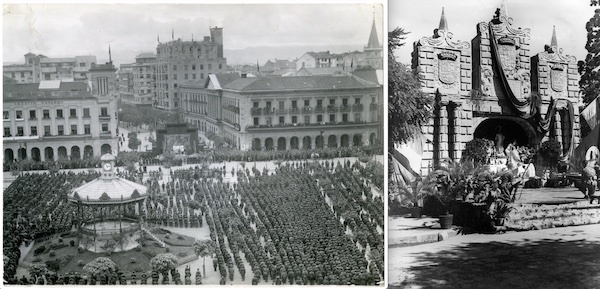 Misa de campaña del 25 de julio de 1936 a la que no acudió Olaechea. A la derecha, otra misa de corte militar que sí fue oficiada por el obispo. (ARCHIVO GENERAL DE NAFARROA)