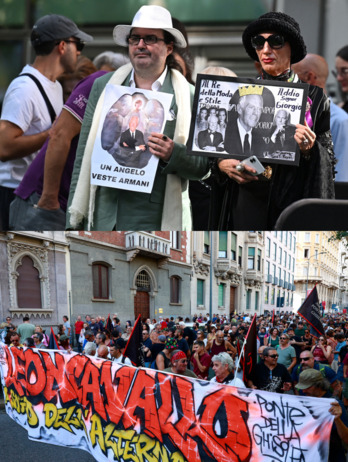 Arriba, asistentes a los actos de despedida a Armani. Abajo, manifestación por Leoncavallo, con decenas de miles de participantes.