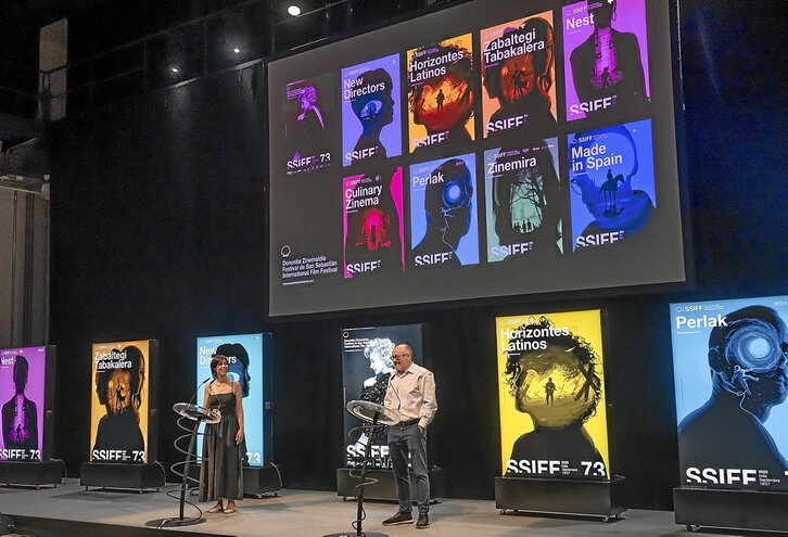 Ruth Pérez de Anucita y José Luis Rebordinos con todos los carteles de  esta inminente edición de Zinemaldia. Andoni Canellada | FOKU