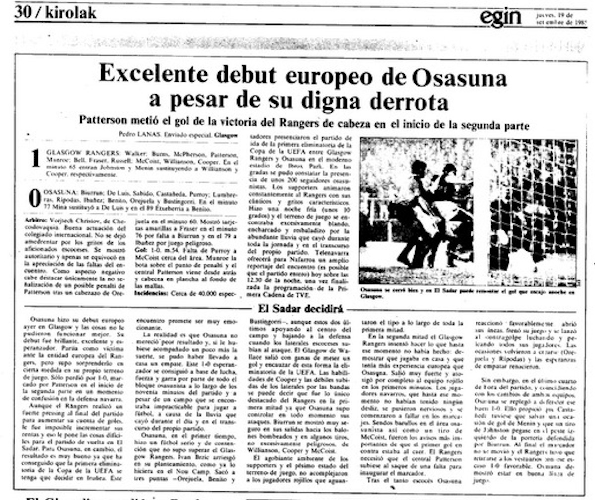 Crónica de EGIN del partido que jugó Osasuna en Ibrox Park.