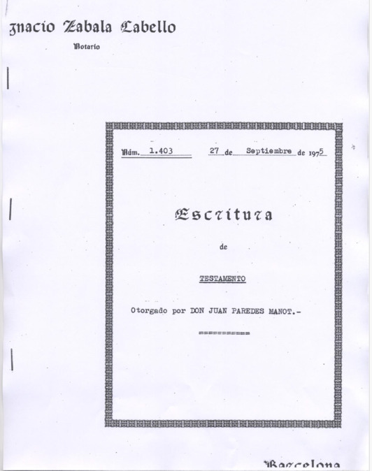 Portada del testamento notarial al que ha accedido NAIZ, fechado el mismo día en que le quitaron la vida.