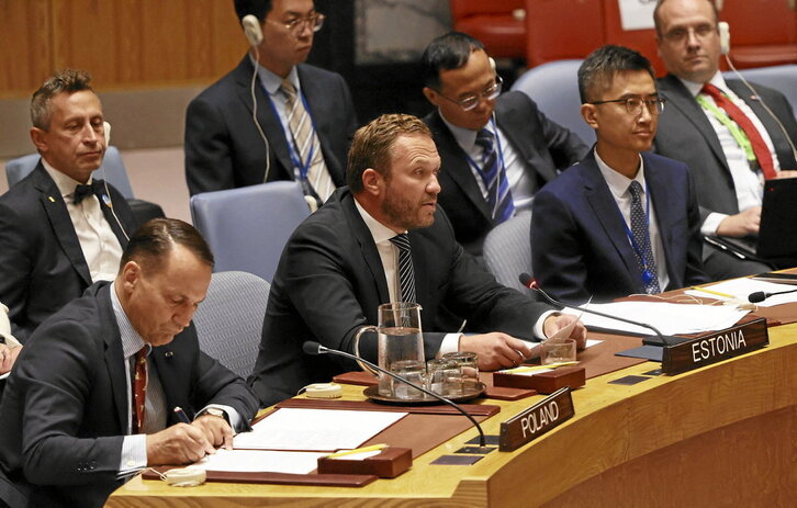 El ministro estonio de Exteriores, Margus Tsahkna, interviene en la reunión de emergencia del Consejo de Seguridad.