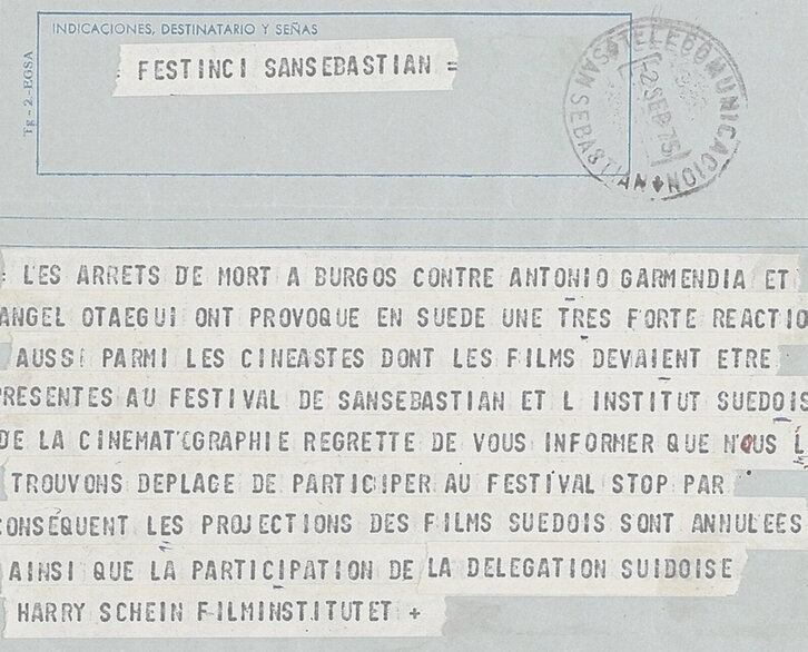 Huelga de hambre contra los fusilamientos en Alemania, telegrama retirando las películas suecas de Zinemaldia, el féretro de Txiki en Zarautz y los brazaletes de los futbolistas del Racing.