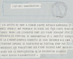 Huelga de hambre contra los fusilamientos en Alemania, telegrama retirando las películas suecas de Zinemaldia, el féretro de Txiki en Zarautz y los brazaletes de los futbolistas del Racing.