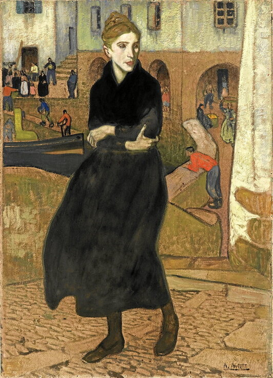 «La viuda», de Aurelio Arteta, que pintó este cuadro hacia 1915. La obra forma parte de la muestra «Mujer, trabajo, familia» y fue adquirida por la Diputación Foral de Araba en 1975.