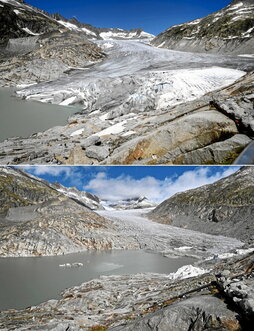 El glaciar del Ródano, en julio de 2015 y septiembre de 2025.